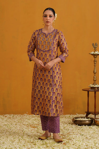 Murraya Mustard Molly Embroidered Chanderi Kurta Set of 3