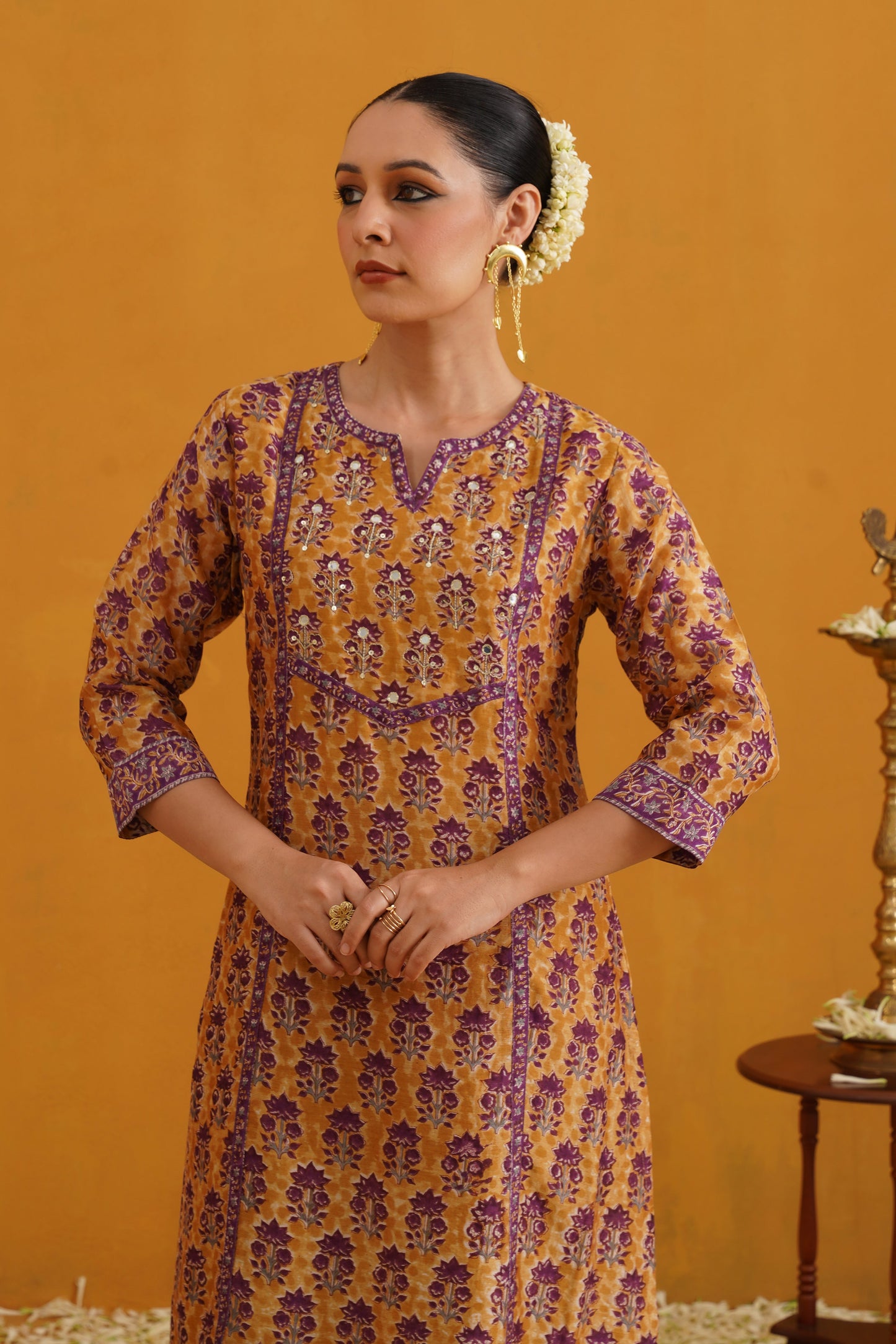 Murraya Mustard Molly Embroidered Chanderi Kurta Set of 3