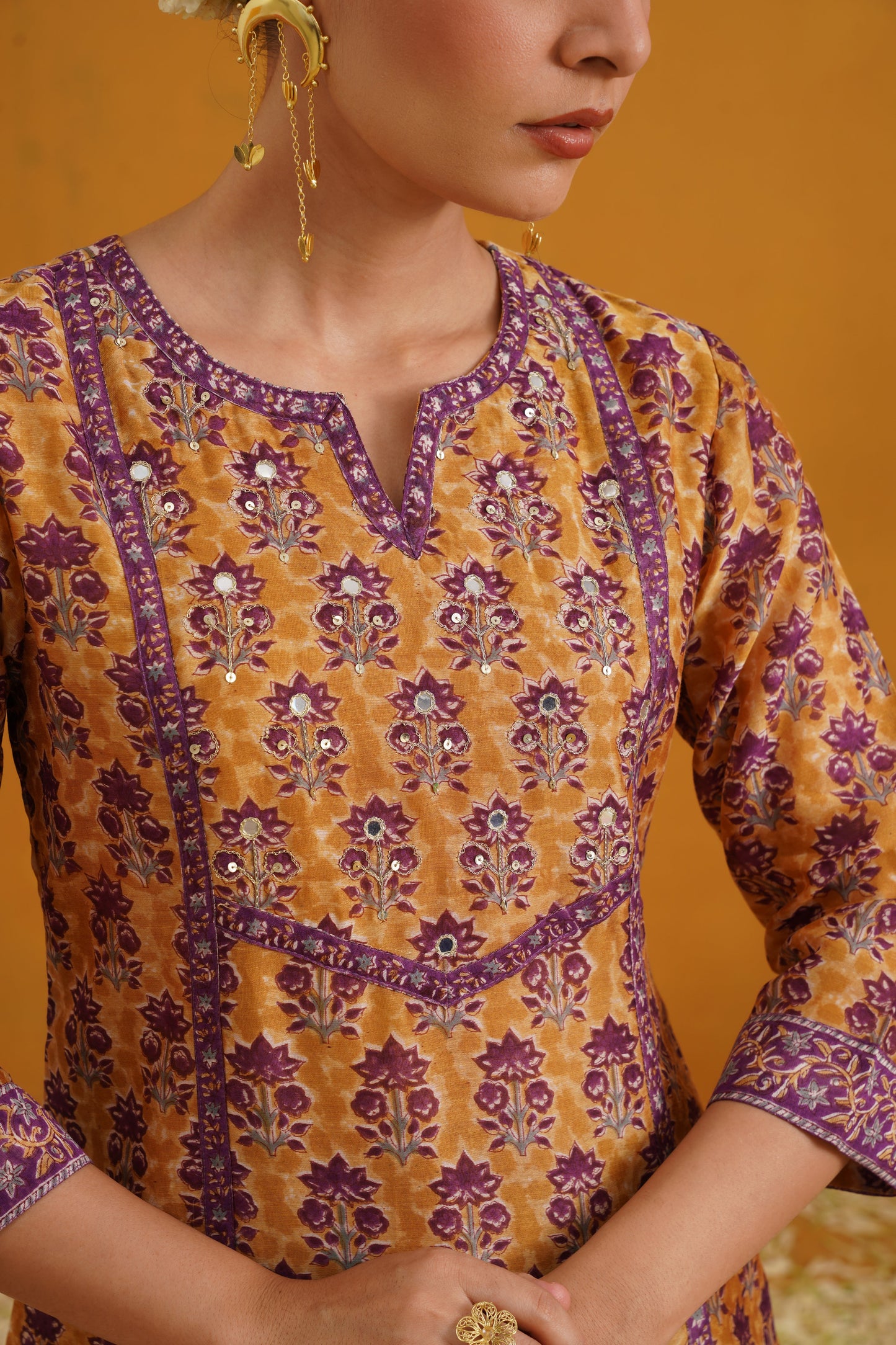 Murraya Mustard Molly Embroidered Chanderi Kurta Set of 3