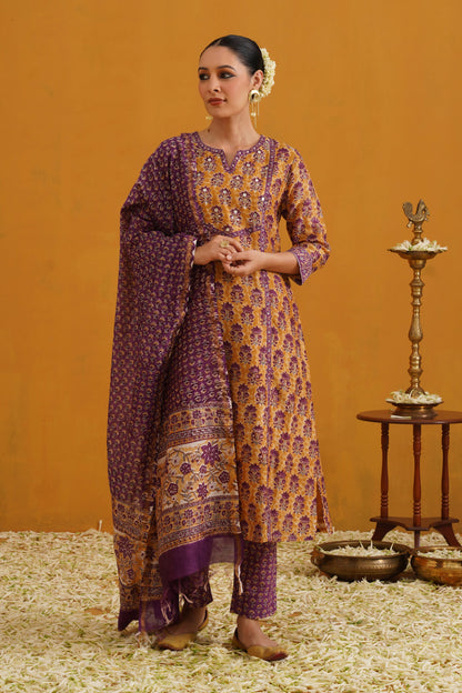 Murraya Mustard Molly Embroidered Chanderi Kurta Set of 3