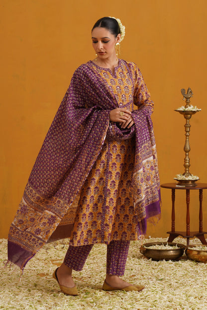 Murraya Mustard Molly Embroidered Chanderi Kurta Set of 3