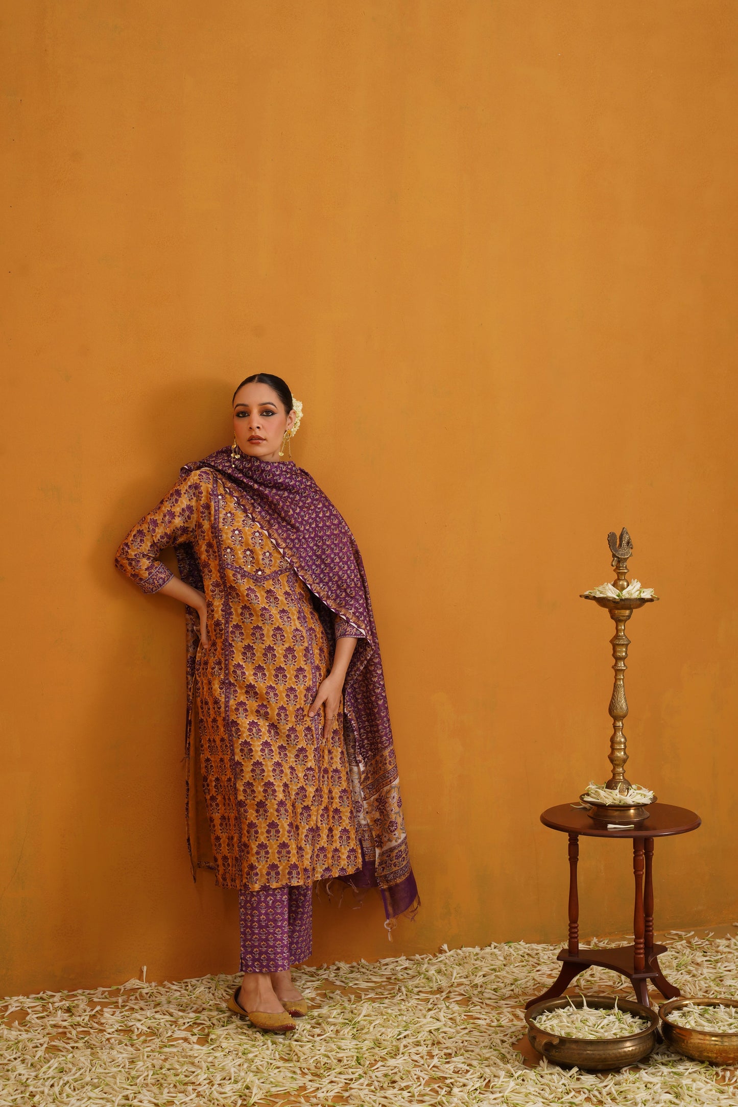 Murraya Mustard Molly Embroidered Chanderi Kurta Set of 3