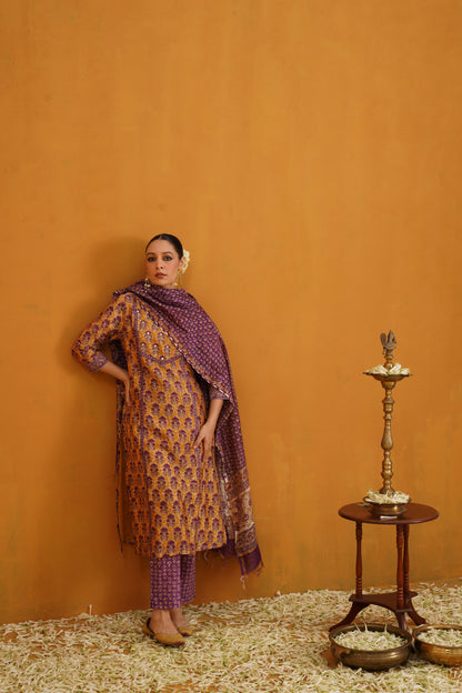 Murraya Mustard Molly Embroidered Chanderi Kurta Set of 3