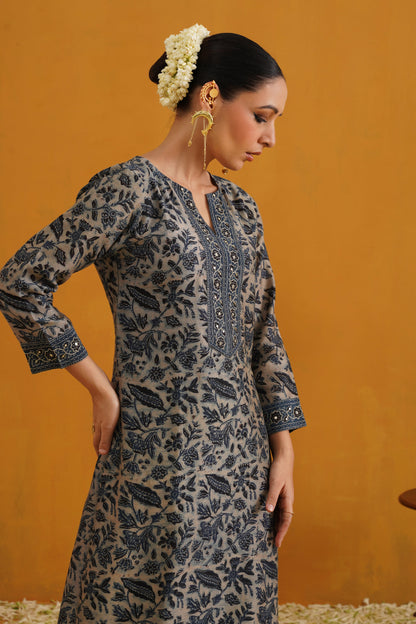 Murraya Blue Shirley Kalamkari Embroidered Chanderi Kurta Set of 3