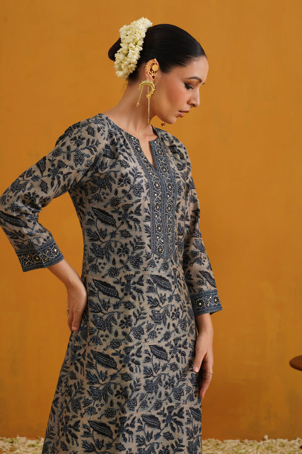 Murraya Blue Shirley Kalamkari Embroidered Chanderi Kurta Set of 3