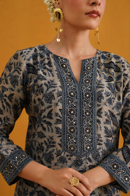 Murraya Blue Shirley Kalamkari Embroidered Chanderi Kurta Set of 3