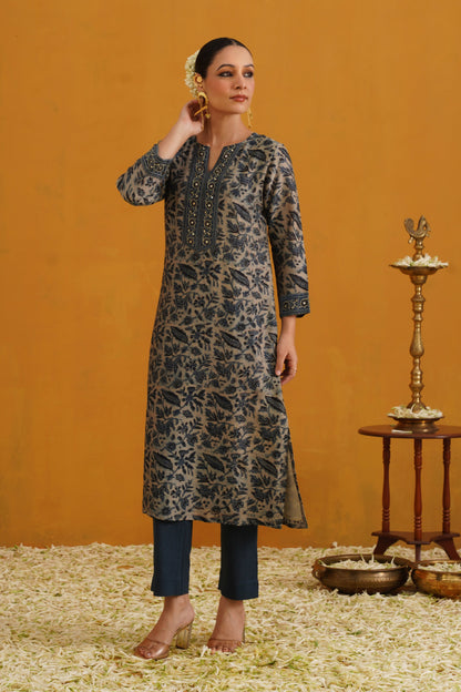 Murraya Blue Shirley Kalamkari Embroidered Chanderi Kurta Set of 3