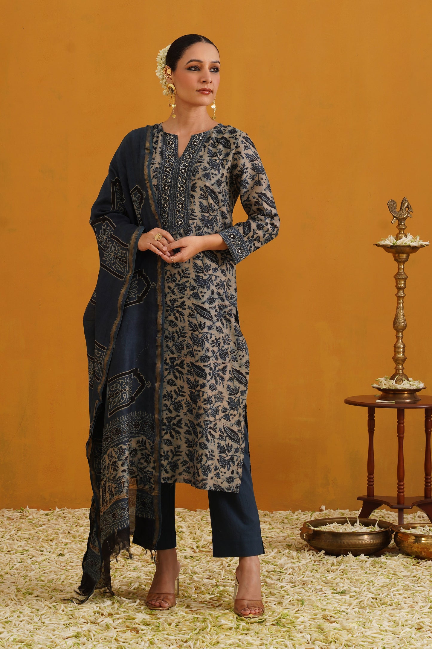 Murraya Blue Shirley Kalamkari Embroidered Chanderi Kurta Set of 3