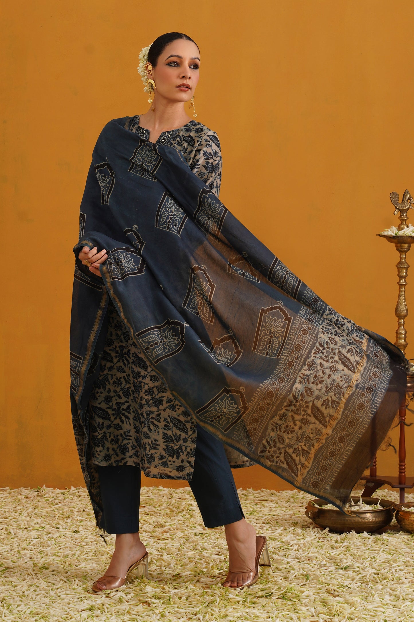 Murraya Blue Shirley Kalamkari Embroidered Chanderi Kurta Set of 3