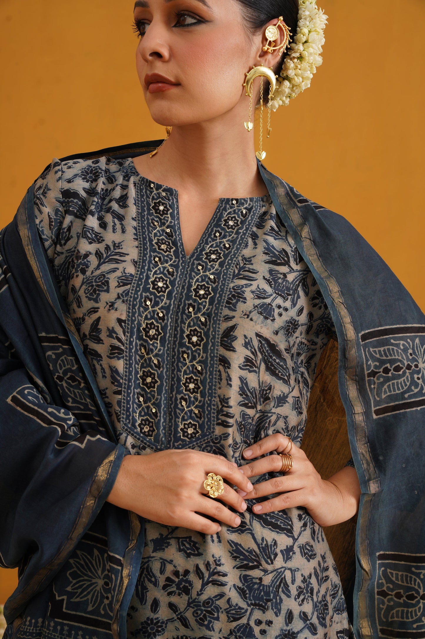 Murraya Blue Shirley Kalamkari Embroidered Chanderi Kurta Set of 3