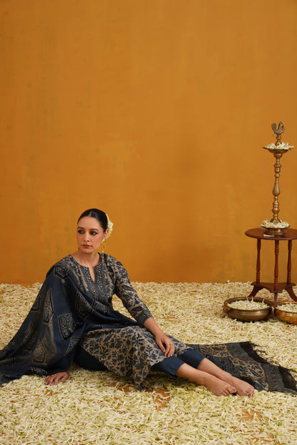 Murraya Blue Shirley Kalamkari Embroidered Chanderi Kurta Set of 3