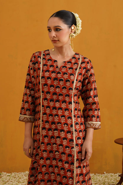 Murraya Brick Red Kalamkari Chanderi Kurta Set of 3