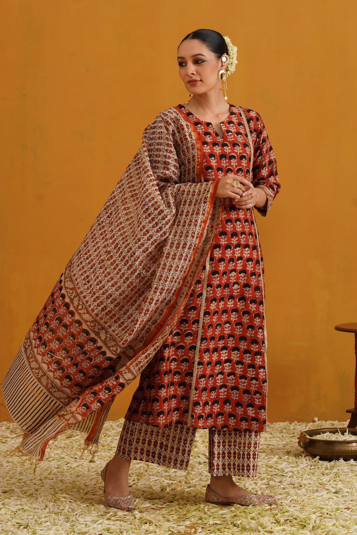 Murraya Brick Red Kalamkari Chanderi Kurta Set of 3