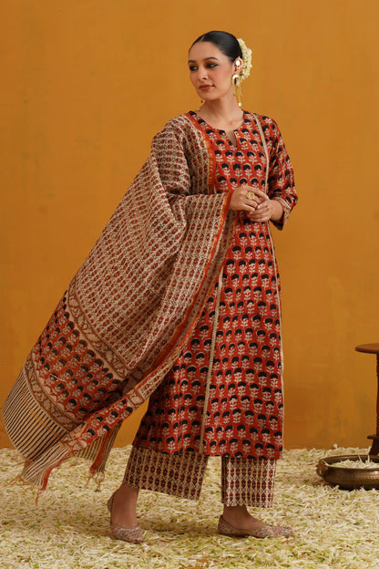 Murraya Brick Red Kalamkari Chanderi Kurta Set of 3