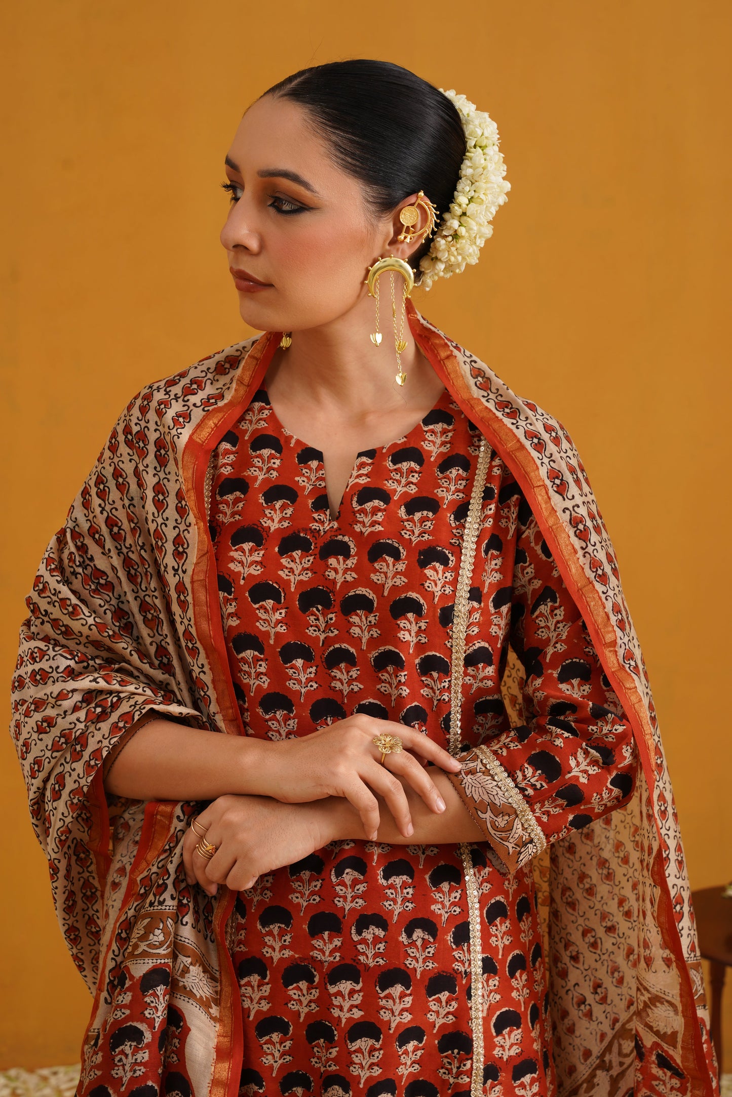 Murraya Brick Red Kalamkari Chanderi Kurta Set of 3