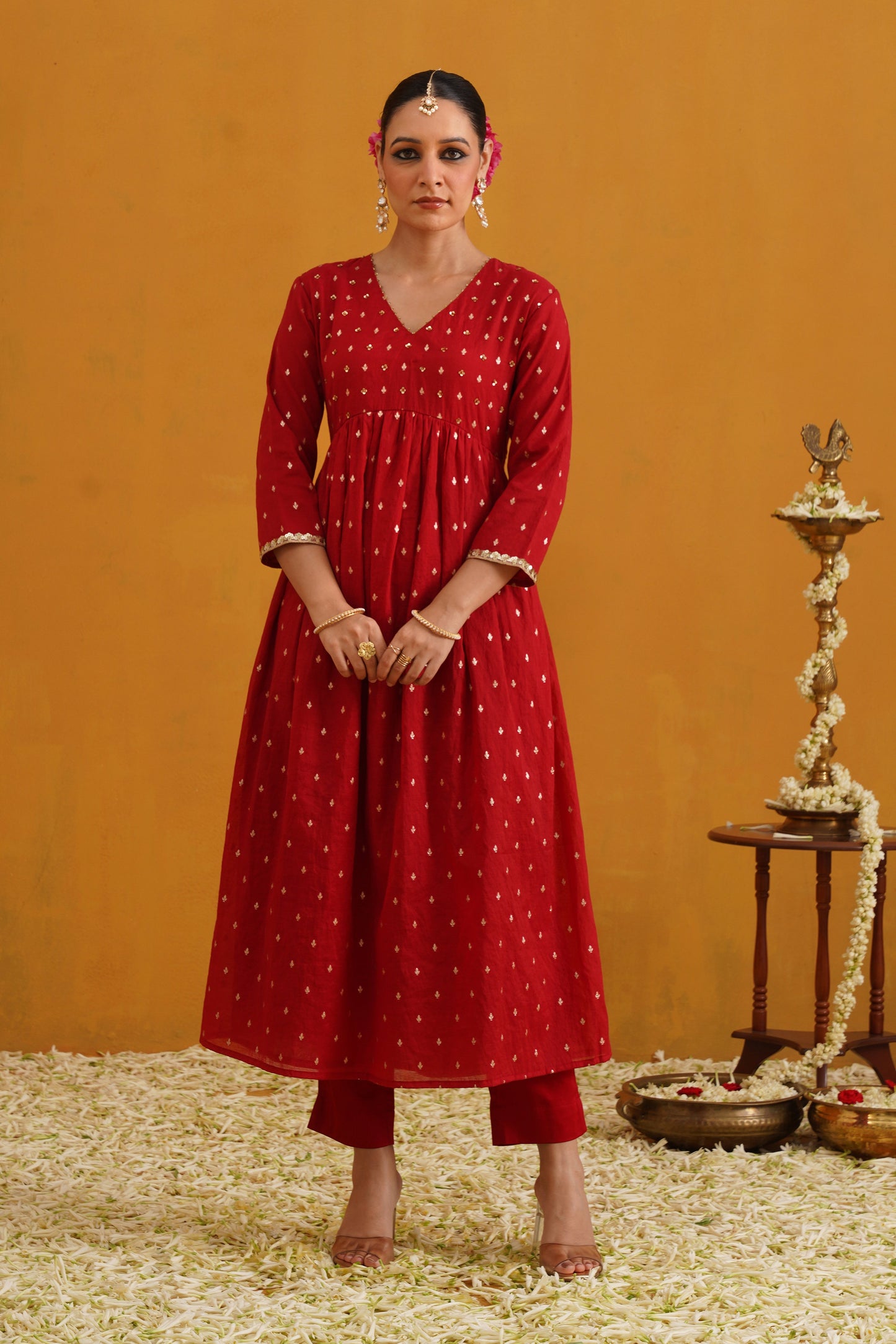 Murraya Red Vermilion Embroidered Banarasi Kurta Set of 3
