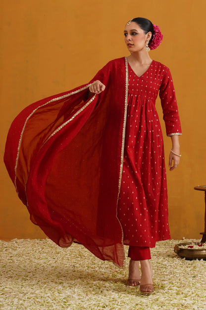 Murraya Red Vermilion Embroidered Banarasi Kurta Set of 3