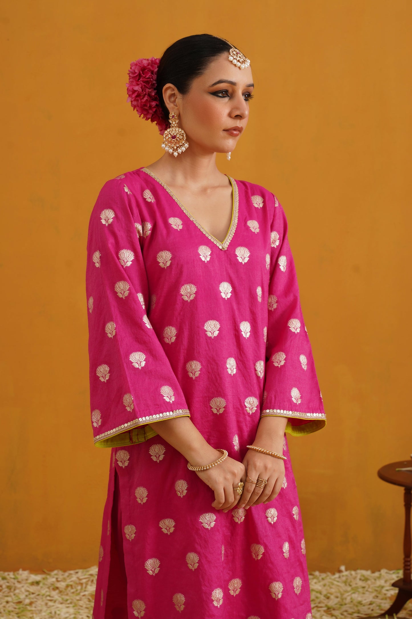 Murraya Pink Lotus Banarasi Kurta Set of 3 with Farsi pants
