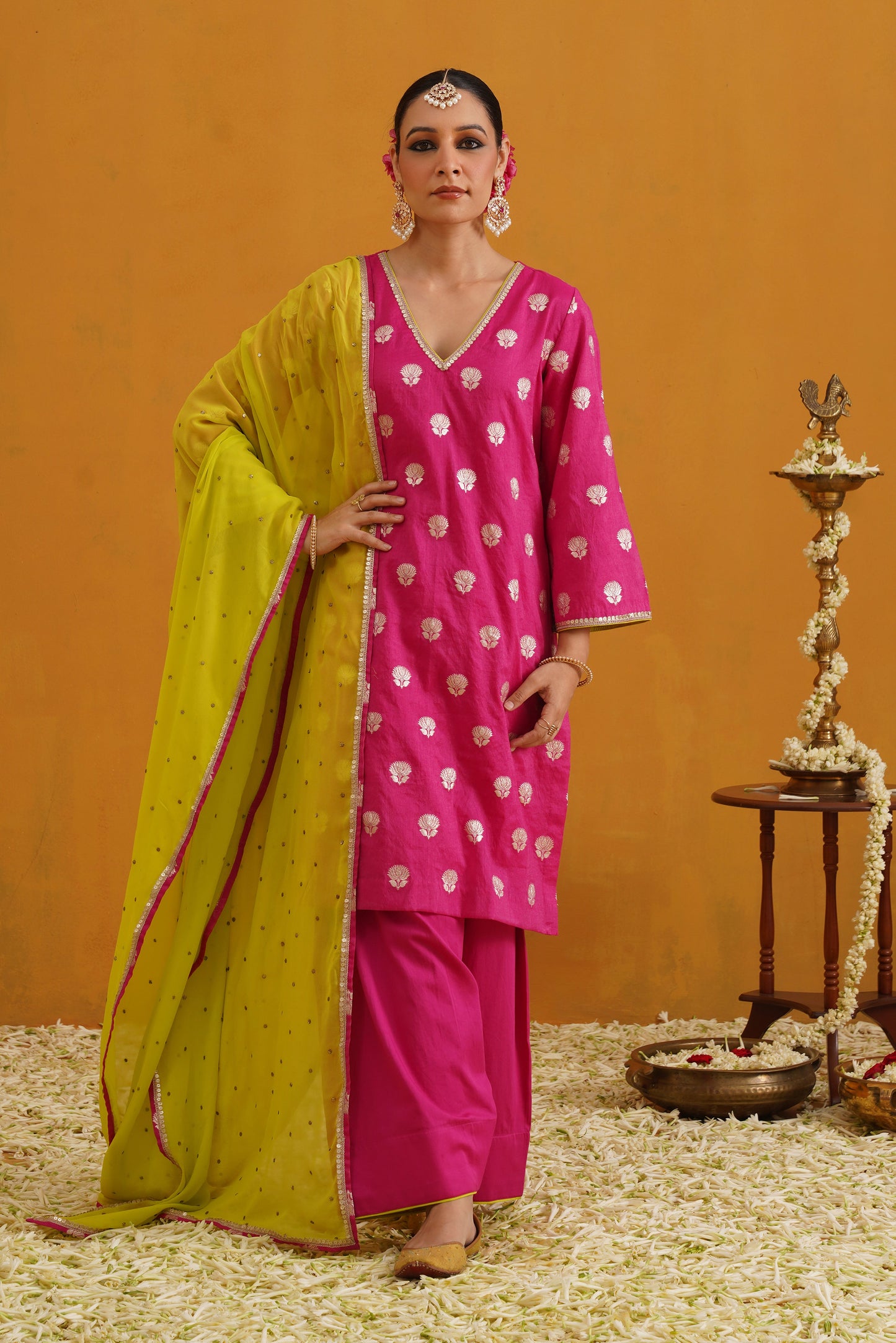 Murraya Pink Lotus Banarasi Kurta Set of 3 with Farsi pants