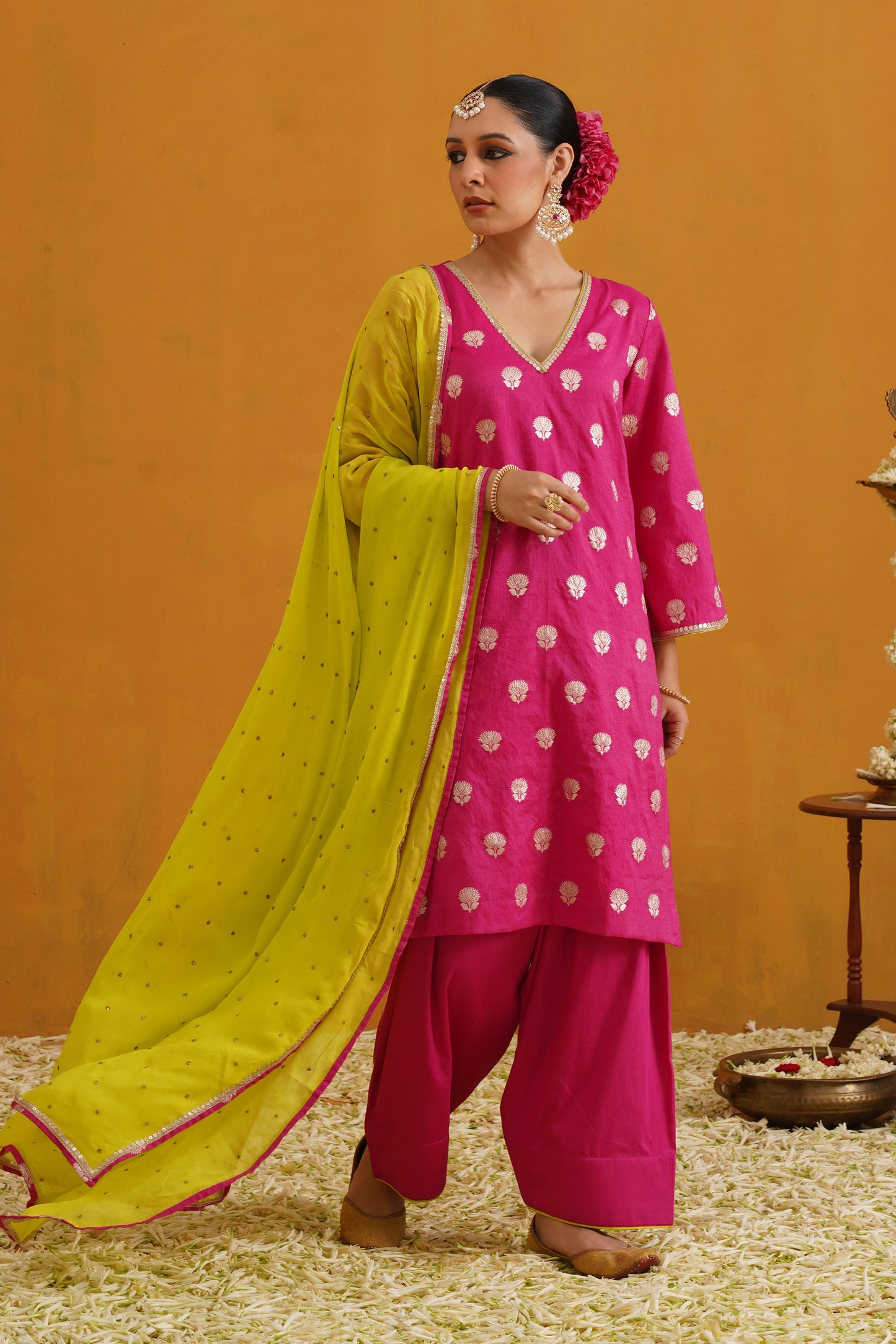 Murraya Pink Lotus Banarasi Kurta Set of 3 with Farsi pants