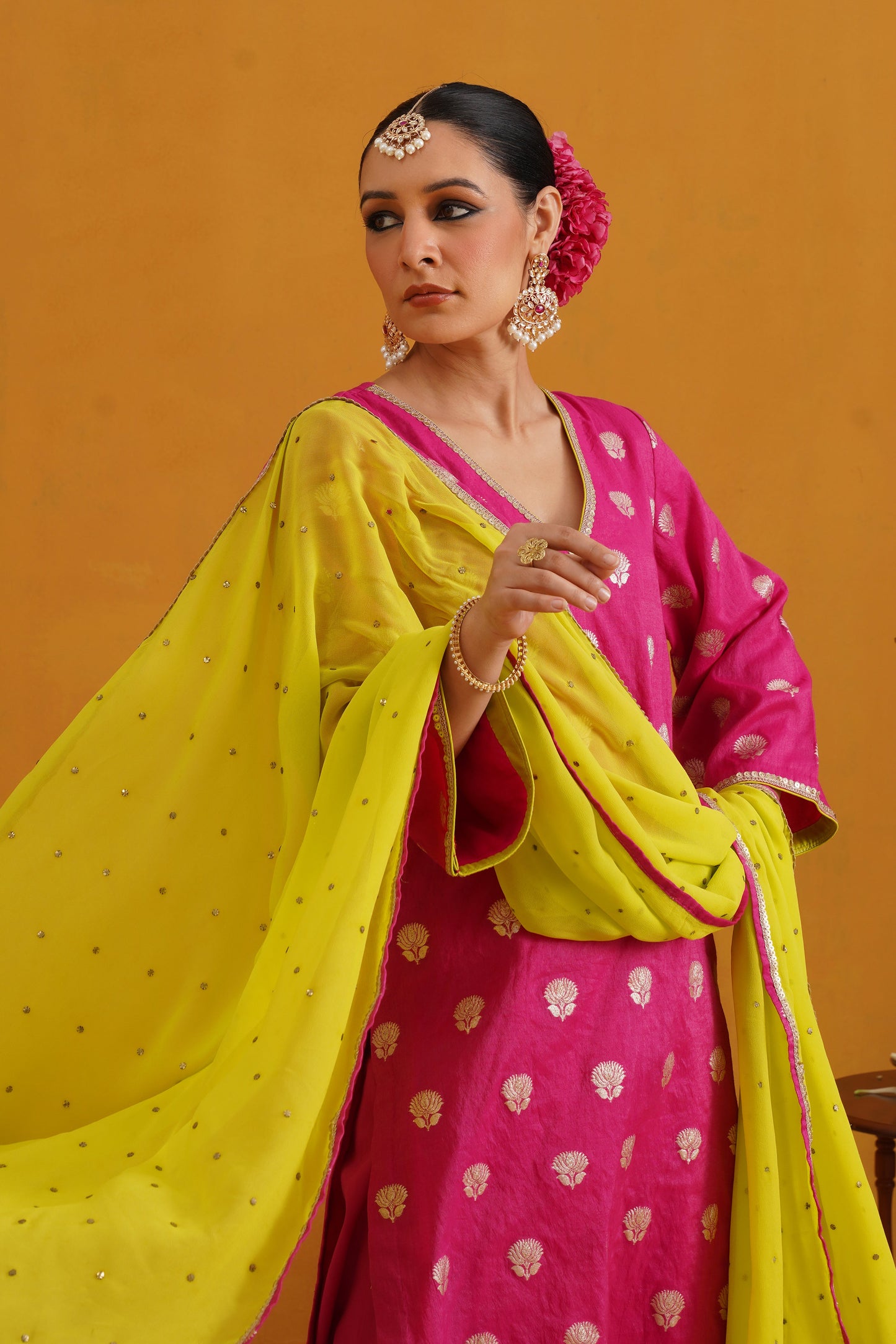 Murraya Pink Lotus Banarasi Kurta Set of 3 with Farsi pants