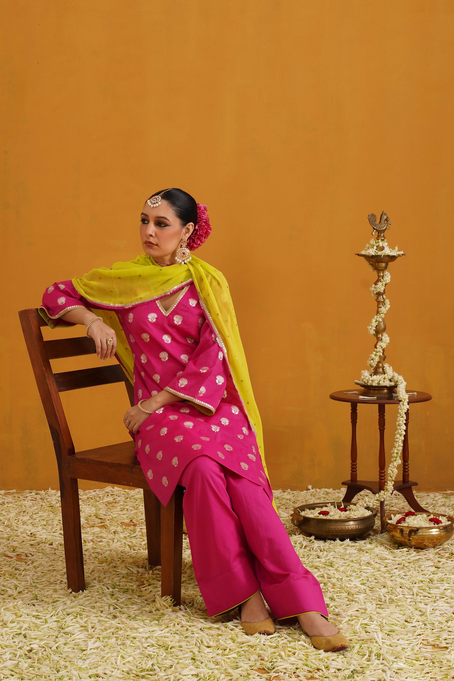 Murraya Pink Lotus Banarasi Kurta Set of 3 with Farsi pants