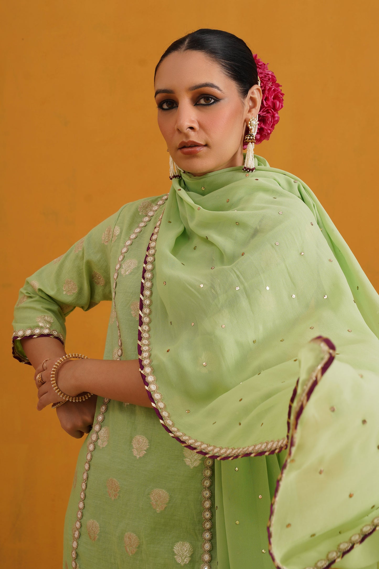 Murraya Green Cypress Banarasi Kurta Set of 3