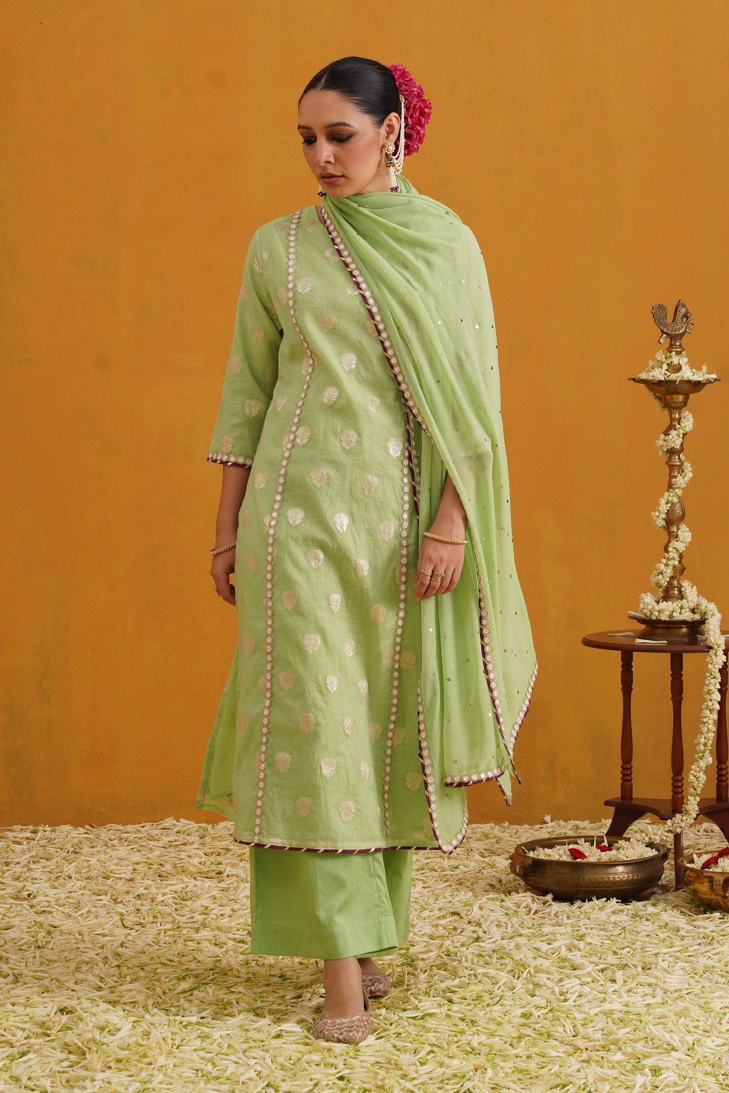 Murraya Green Cypress Banarasi Kurta Set of 3