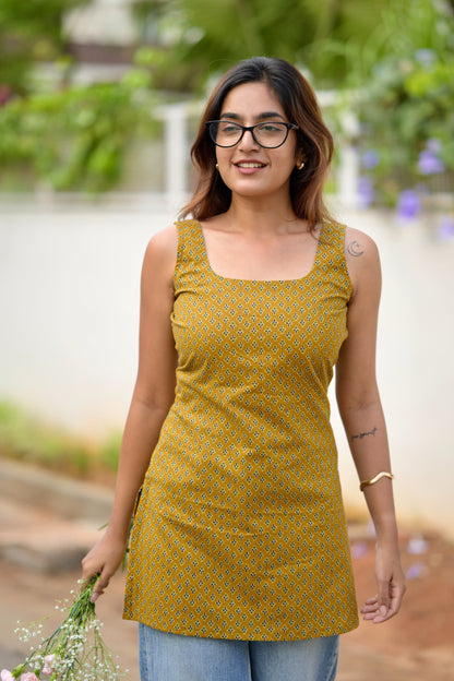 Studio Mustard Cotton Short Kurta Top