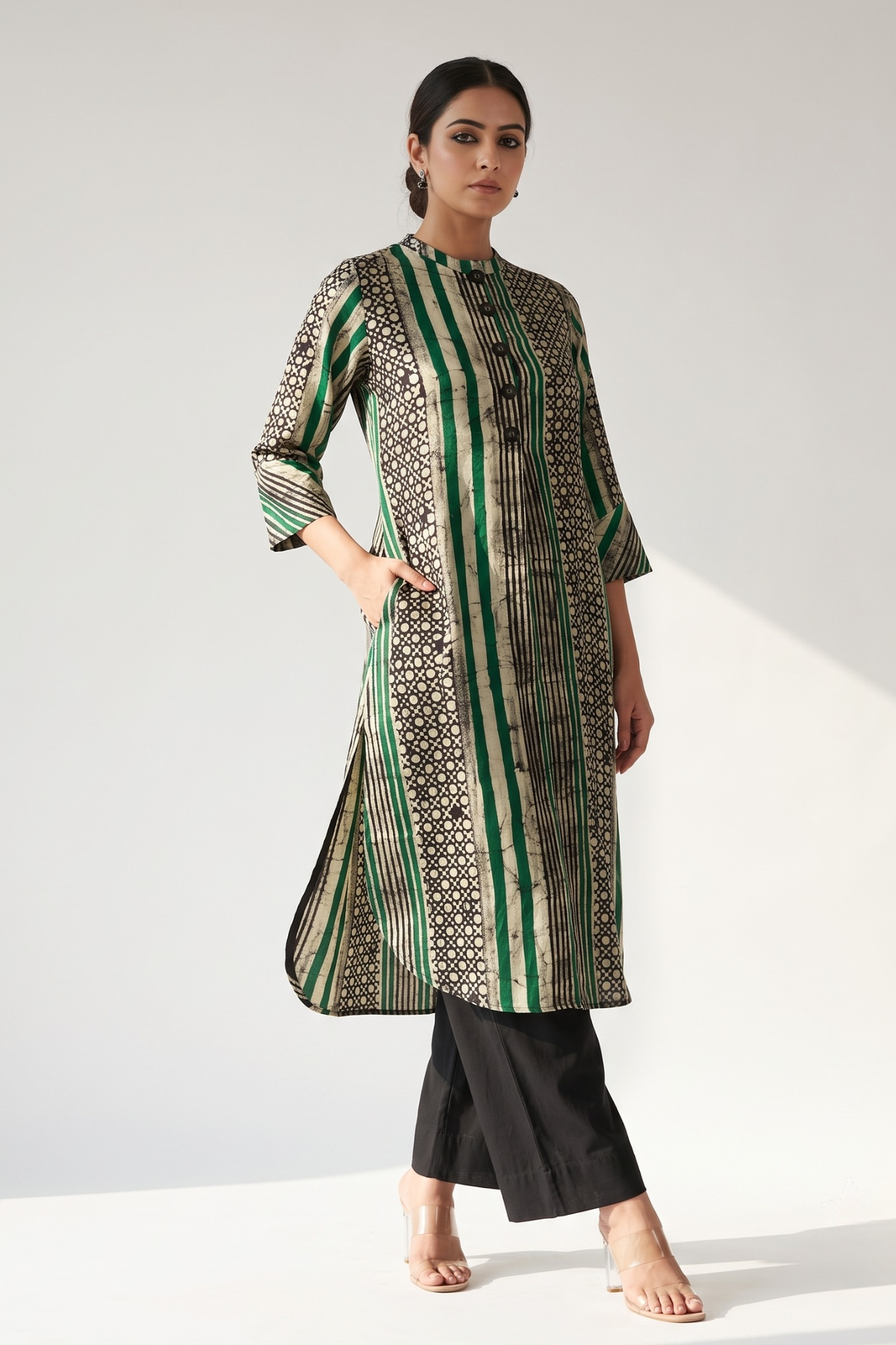 Dark Botanical Batik Geometric Stand Collar Kurta with Round Hemline Mc