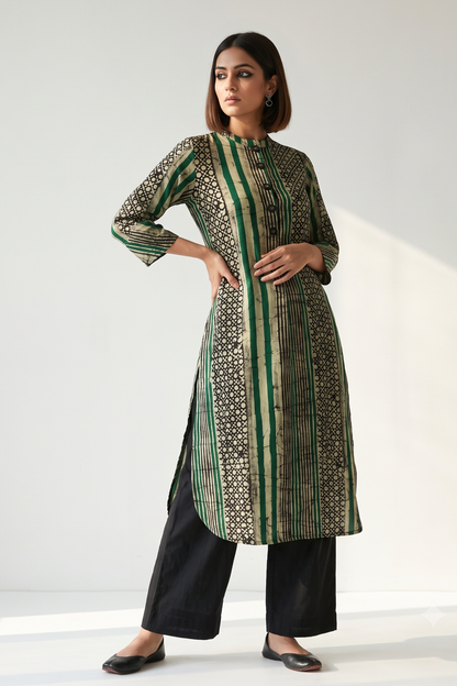 Dark Botanical Batik Geometric Stand Collar Kurta with Round Hemline Mc