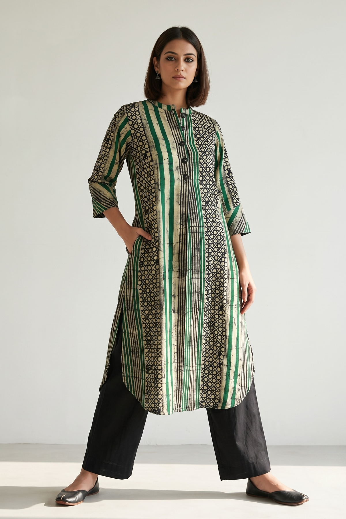 Dark Botanical Batik Geometric Stand Collar Kurta with Round Hemline Mc