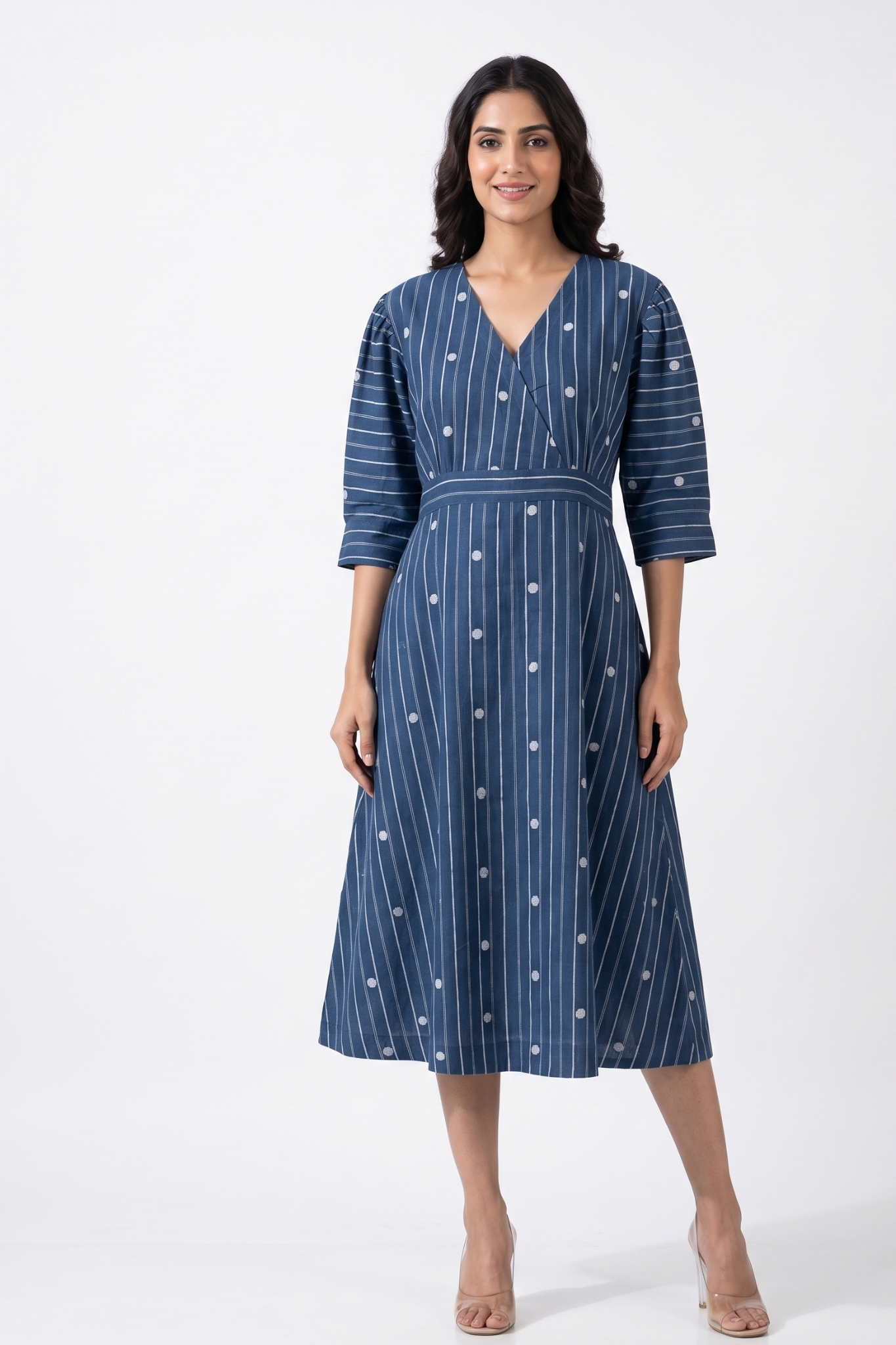 Denim Thread Dots Cotton Overlap Dress With Puffed Sleeve Mc