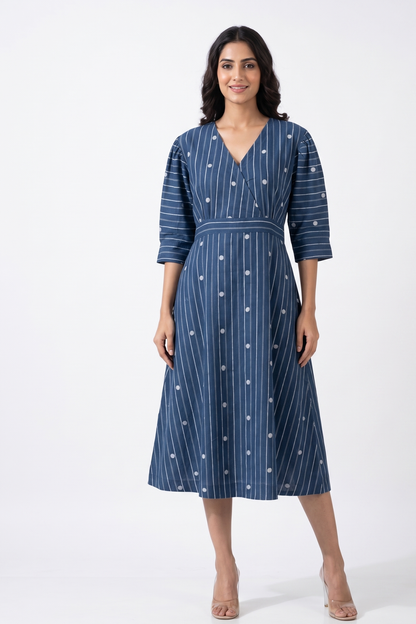 Denim Thread Dots Cotton Overlap Dress With Puffed Sleeve Mc