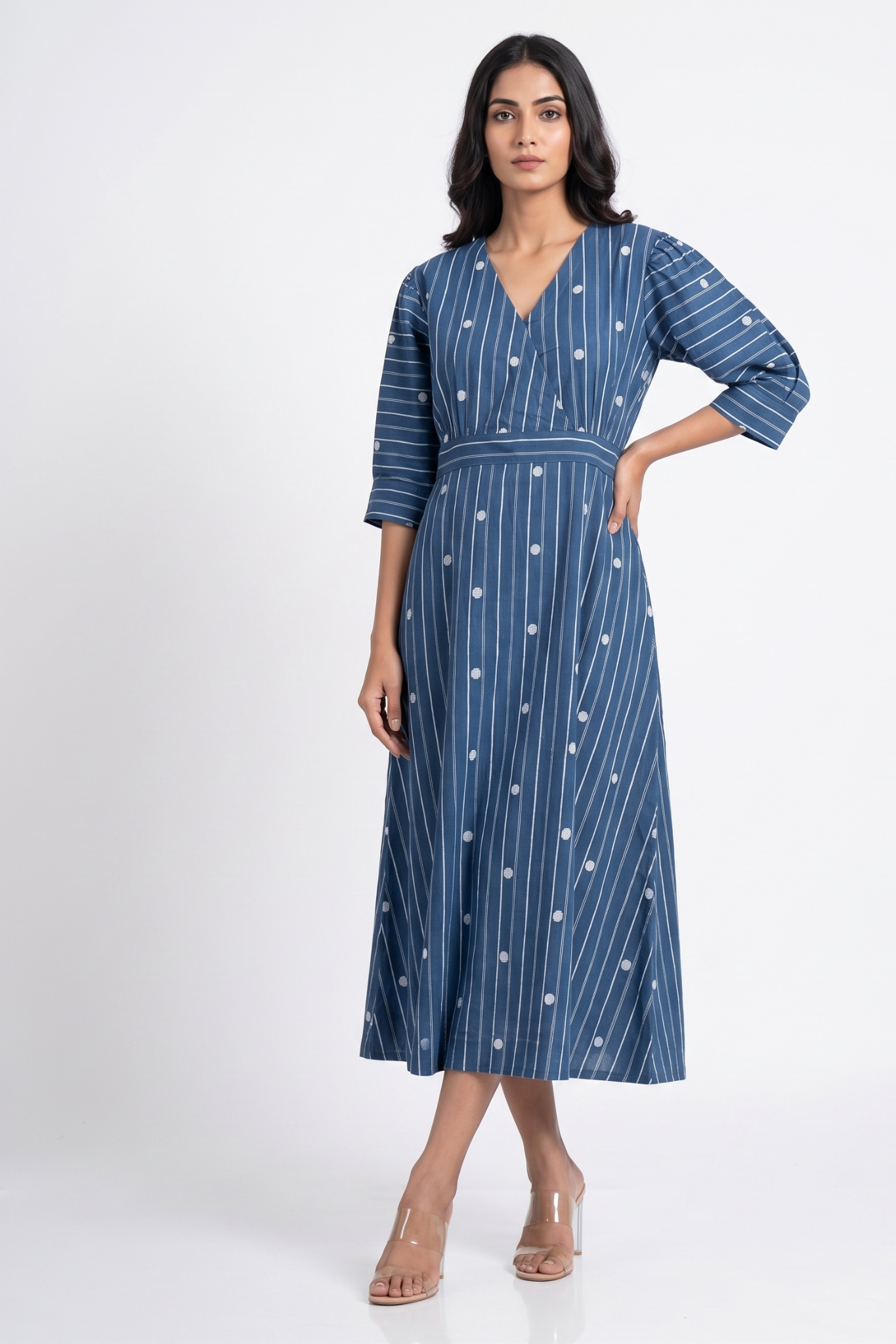 Denim Thread Dots Cotton Overlap Dress With Puffed Sleeve Mc