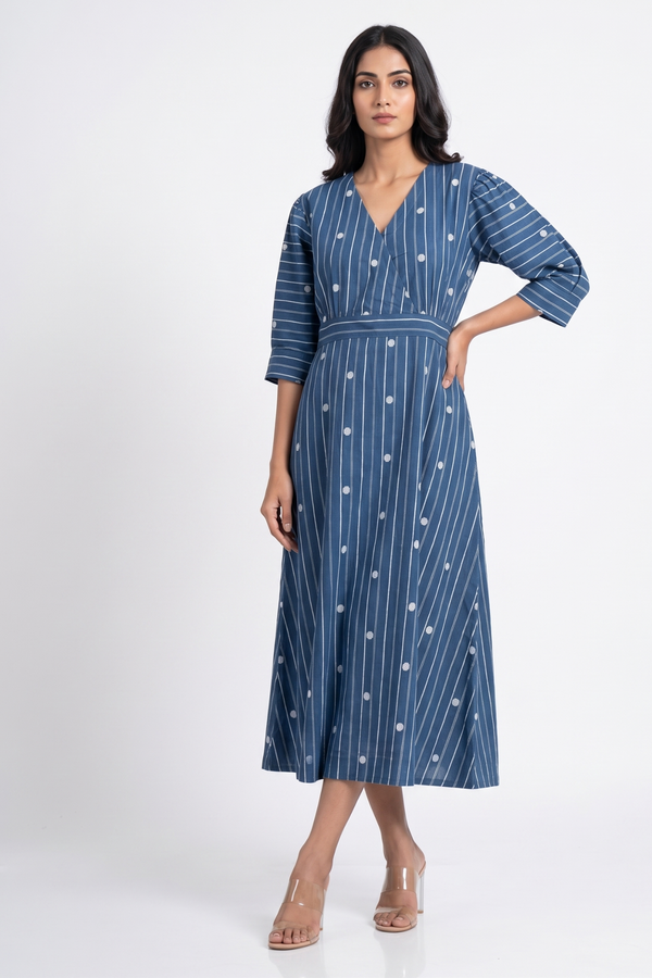 Denim Thread Dots Cotton Overlap Dress With Puffed Sleeve Mc