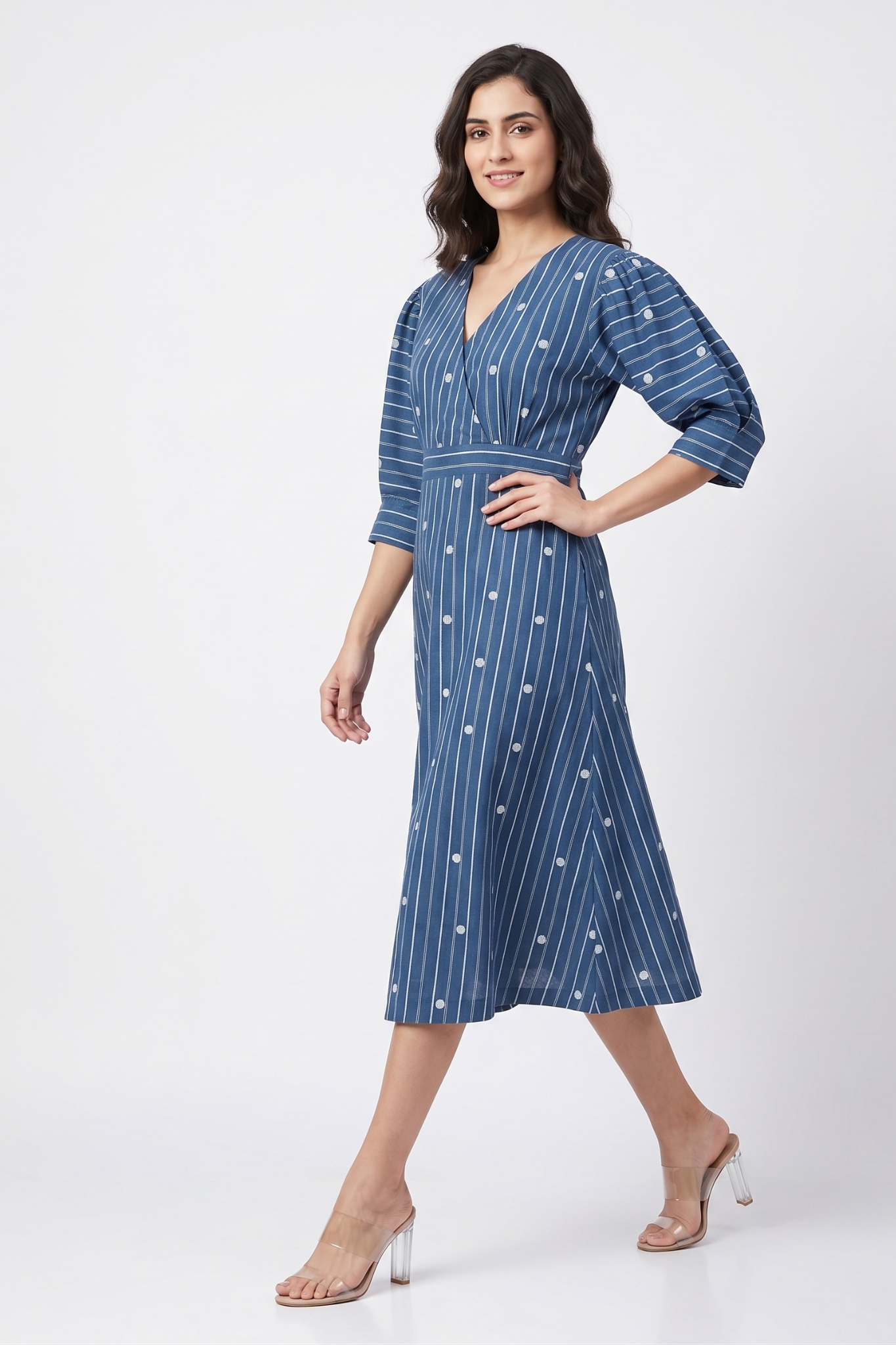 Denim Thread Dots Cotton Overlap Dress With Puffed Sleeve Mc