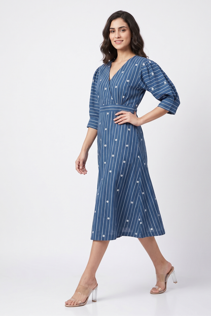 Denim Thread Dots Cotton Overlap Dress With Puffed Sleeve Mc