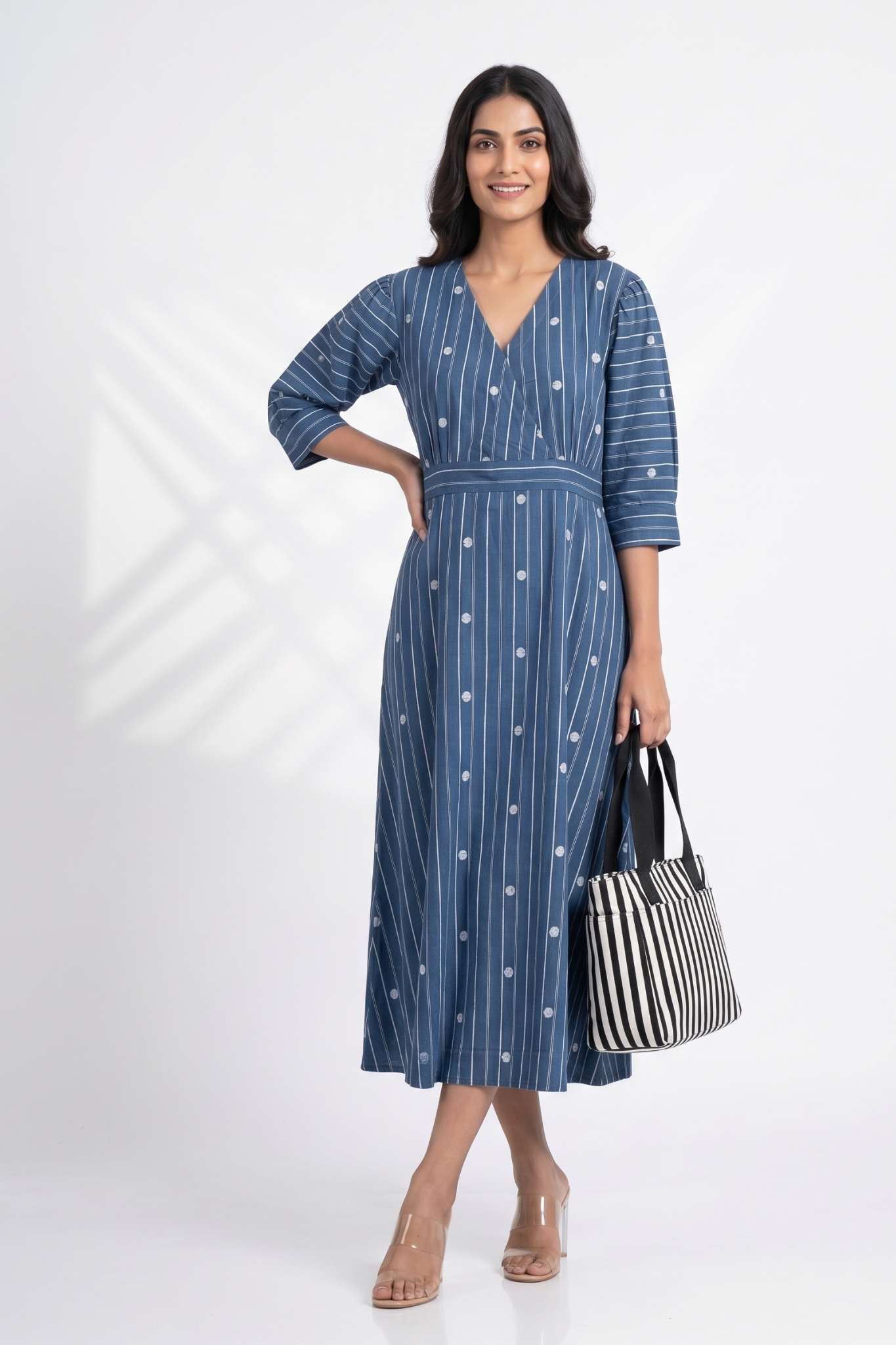 Denim Thread Dots Cotton Overlap Dress With Puffed Sleeve Mc