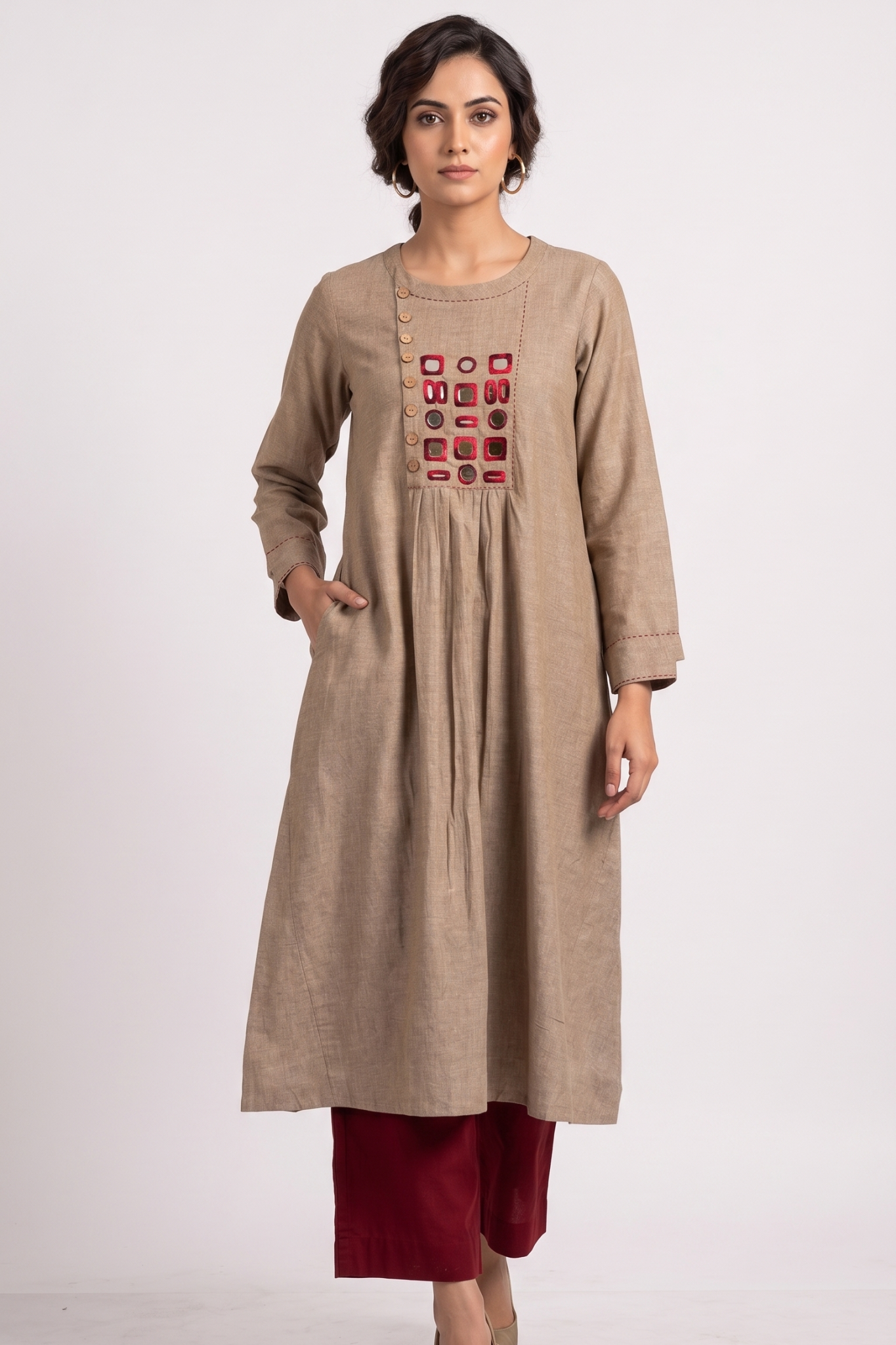 Desert Beige Loom South Cotton Zen Yoke Gather Kurta Mc