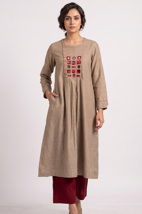 Desert Beige Loom South Cotton Zen Yoke Gather Kurta Mc