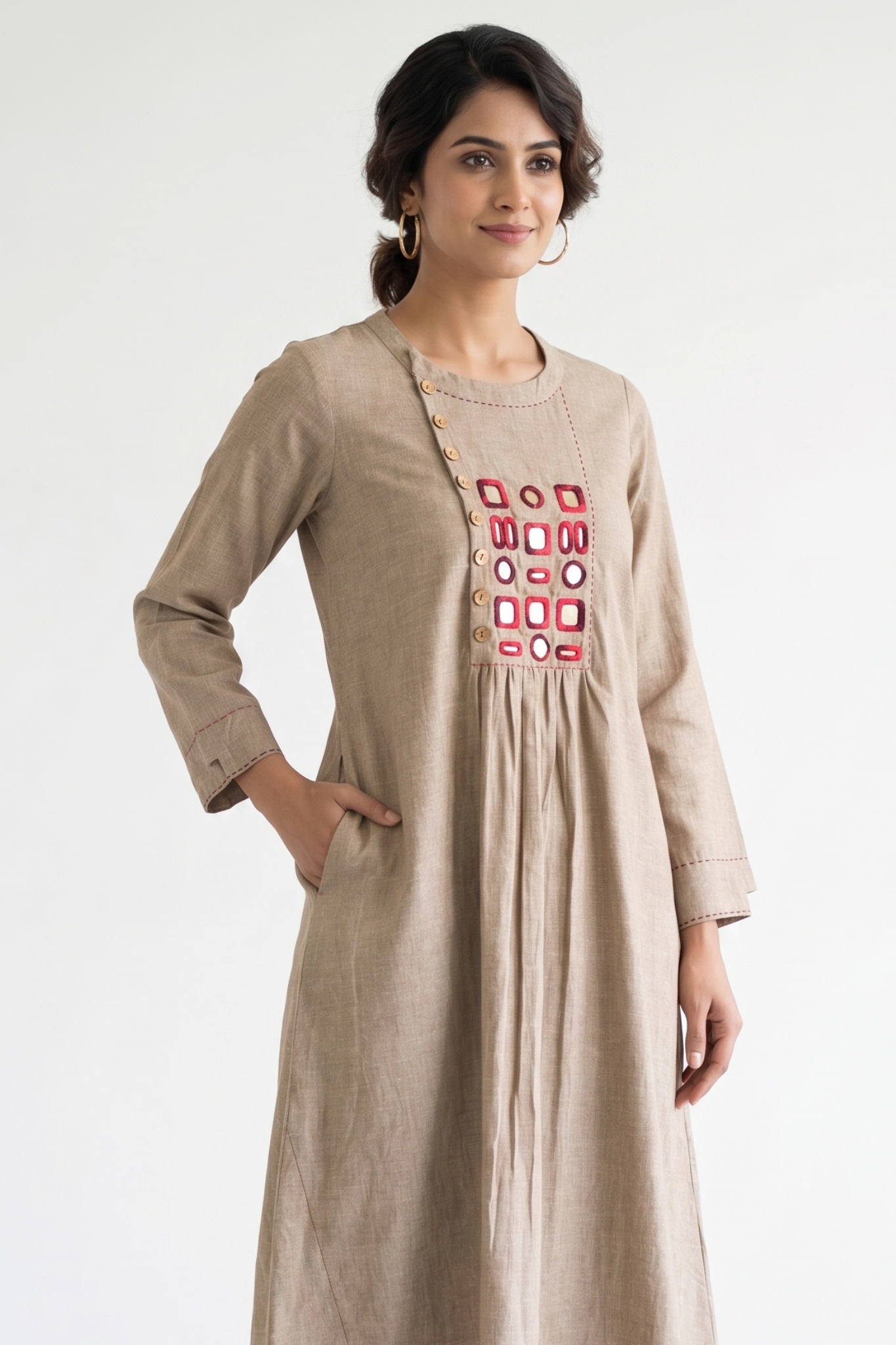 Desert Beige Loom South Cotton Zen Yoke Gather Kurta Mc