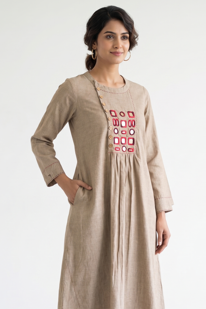 Desert Beige Loom South Cotton Zen Yoke Gather Kurta Mc