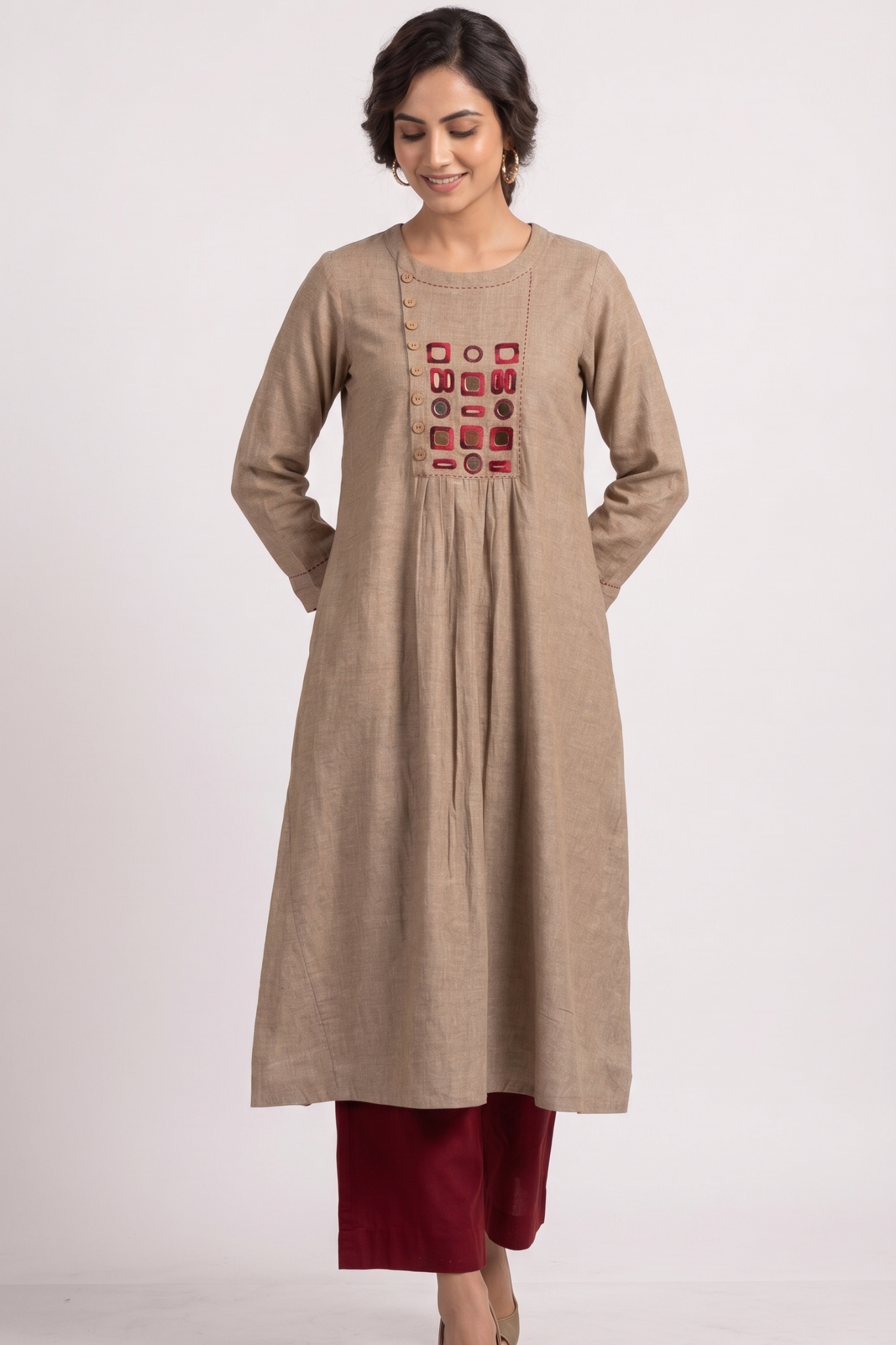 Desert Beige Loom South Cotton Zen Yoke Gather Kurta Mc