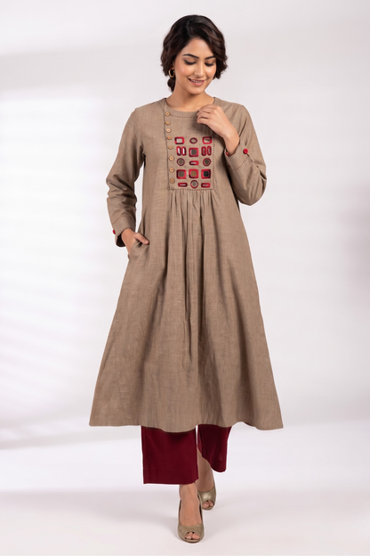 Desert Beige Loom South Cotton Zen Yoke Gather Kurta Mc