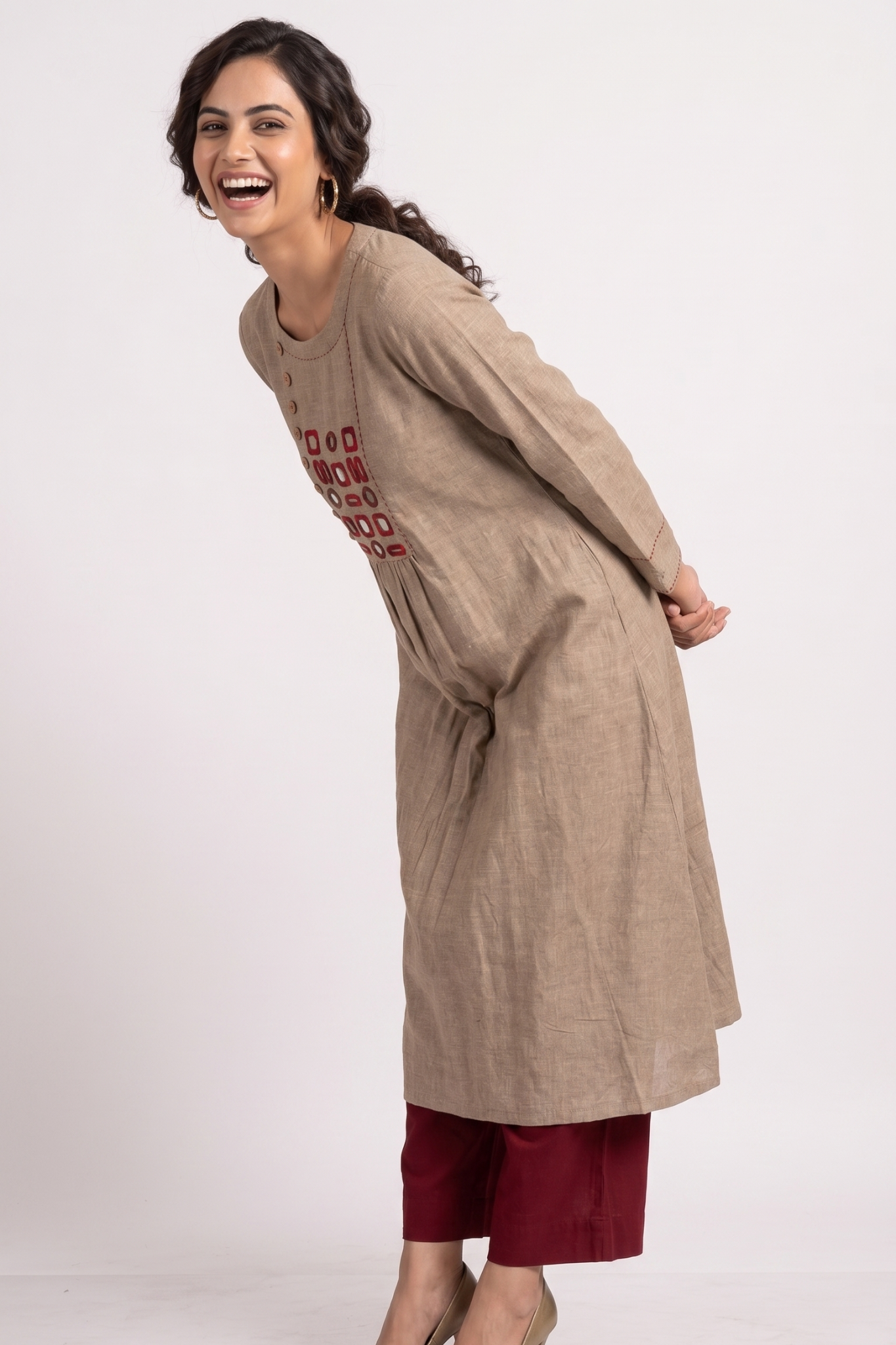 Desert Beige Loom South Cotton Zen Yoke Gather Kurta Mc