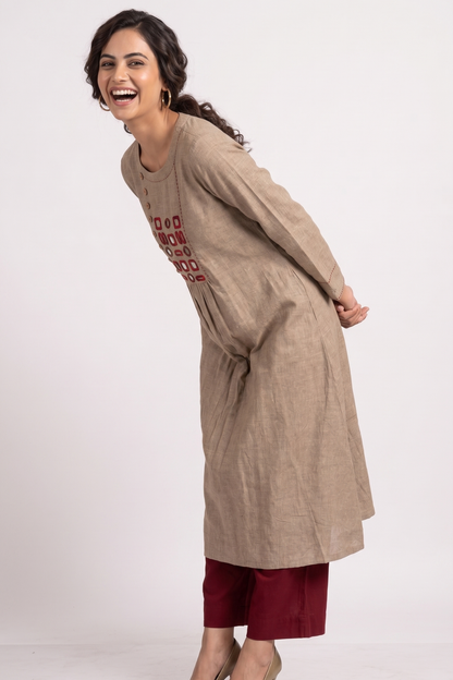 Desert Beige Loom South Cotton Zen Yoke Gather Kurta Mc