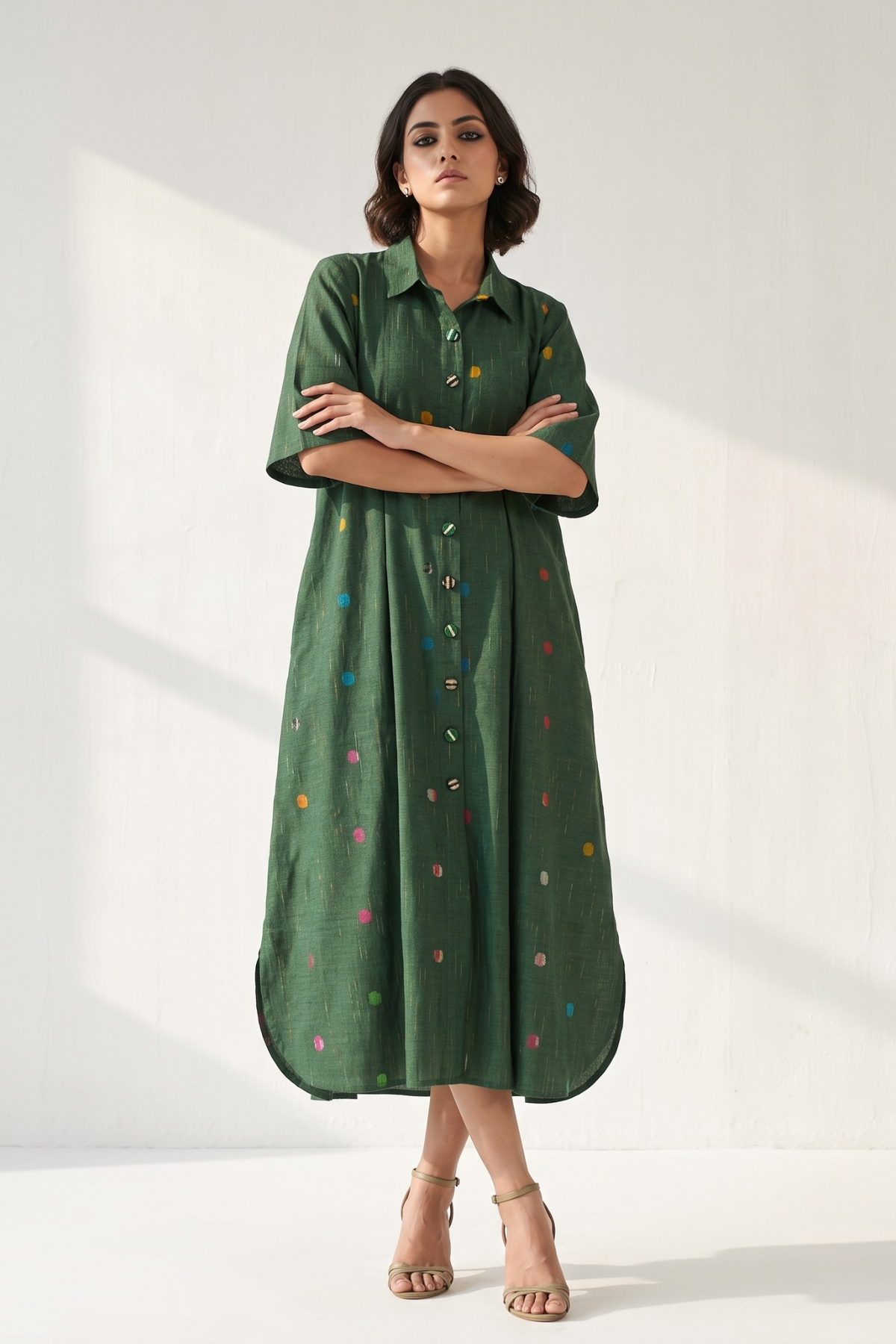 Emerald Confetti Dots Cotton Box Pleat Button Down Shirt Dress Mc