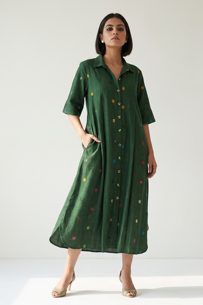Emerald Confetti Dots Cotton Box Pleat Button Down Shirt Dress Mc