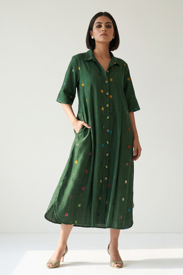 Emerald Confetti Dots Cotton Box Pleat Button Down Shirt Dress Mc